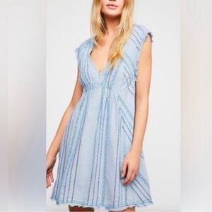 Free People Light Blue Striped v-neck bohemian Mini Dress